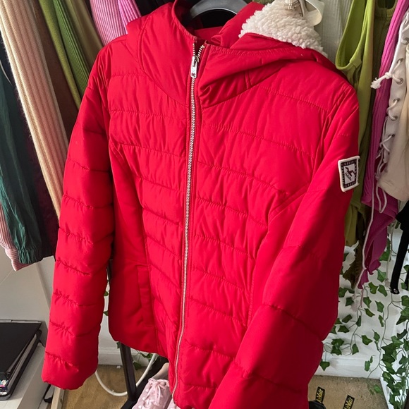 Red hollister rain jacket with fur inside! - Picture 1 of 3